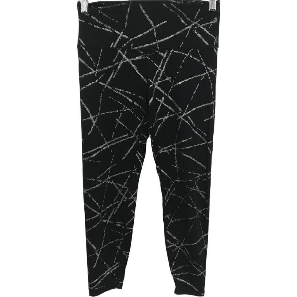 Zyia 7/8 Metallic Foil Abstract Black Silver Leggings Size 6-8 High Rise Waisted